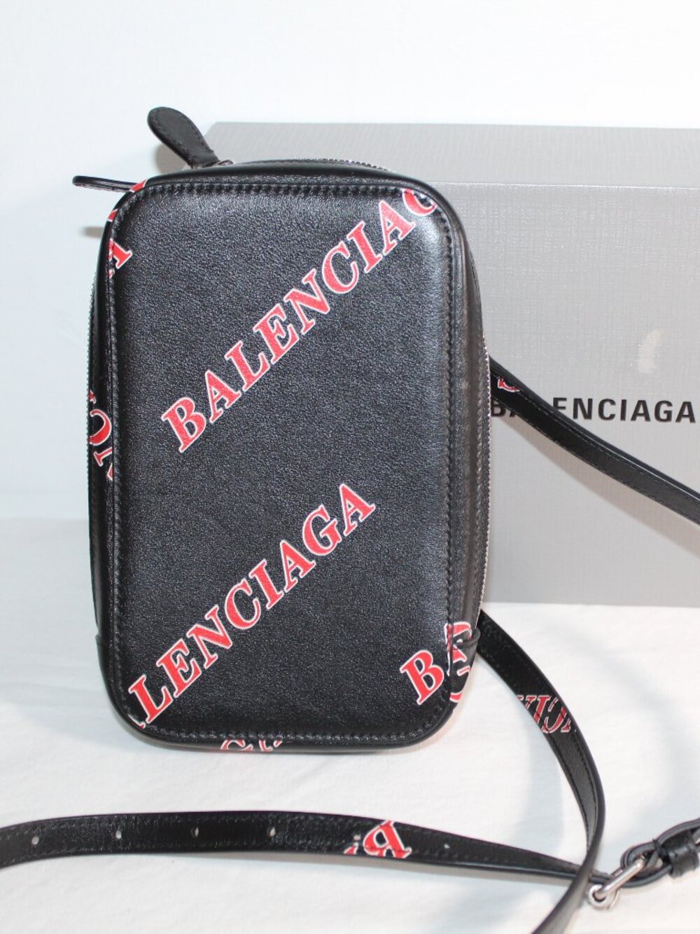 Balenciaga Leather Logo Print Phone Credit Card Holder Crossbody